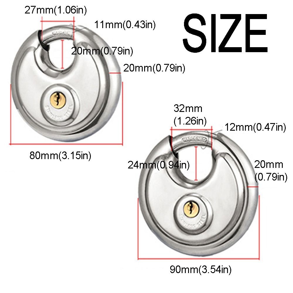 Durable Stainless Steel Disc Locking Padlock with 2 Keys 80/90mm Round Disc Lock Compact Rust Resistant Lock Cabinets