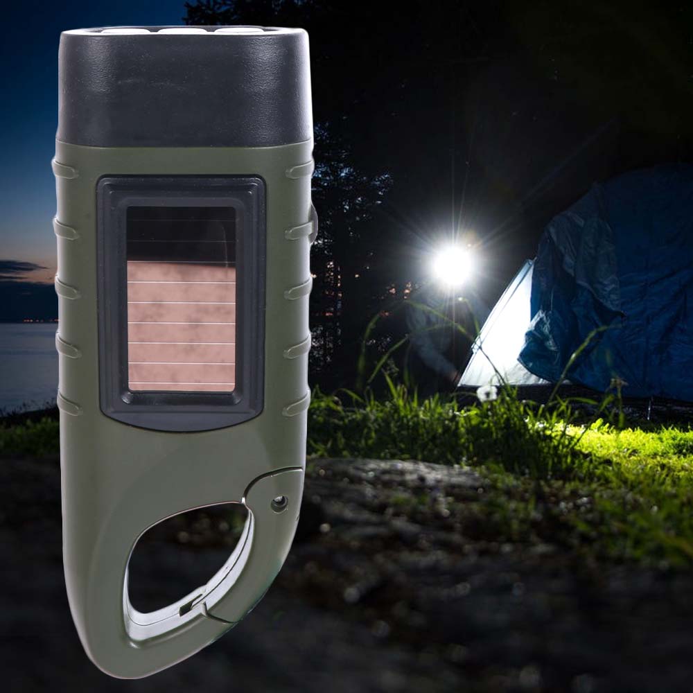 Ergonomic Design Hand Crank LED Flashlight Solar Powered Energy Saving Charging Torch Portable Rechargeable Outdoor Camping Flashlight Saving Space for Backpack