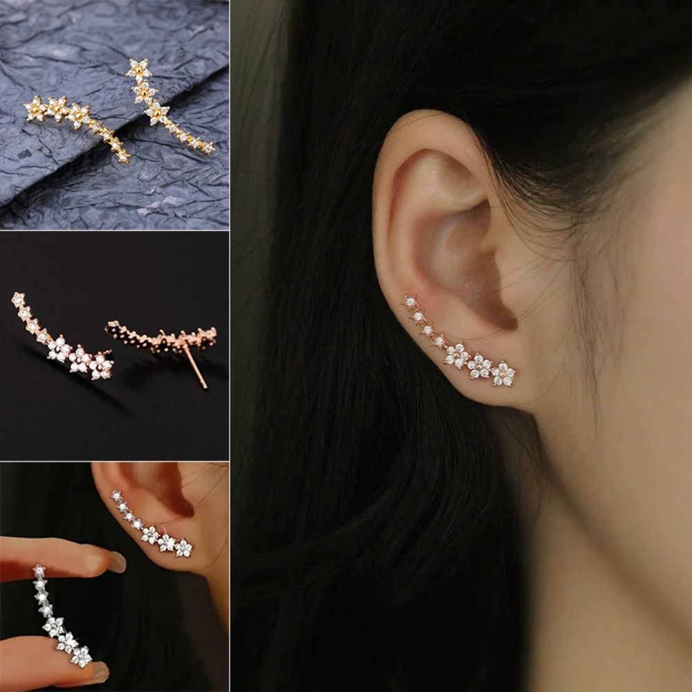 Sweet Zinc Alloy Zircon Stud Earrings Shiny Niche Design Flower Star Stud Earrings Geometric Women Accessories Curved Earrings Daily Wear