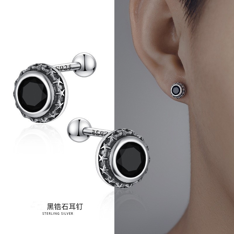【Top Picks】Silver-plated Earrings Men's Advanced Screws Buckle Sleeping Free-picking Men's Earrings Retro Round Black Diamond Trendy Men's Ear Bone Nails