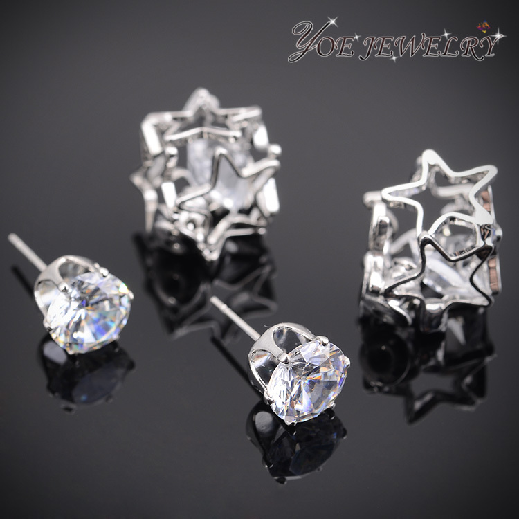 【Hongtai Store】IYOE White Gold Color Hollow Five Stars Design Crystal Earring Hot Sale Double Face Stud Earrings Wo Wholesale