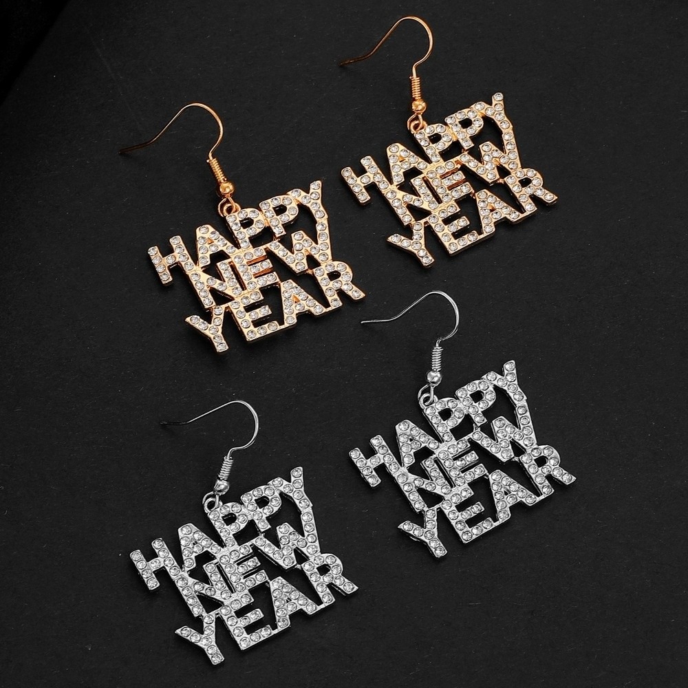 1 Pair Fashion Elegant New Year Earrings Gold/Silver Metal Inlaid Dangling Earrings Shining HAPPER NEW YEAR Letter Earrings for Women