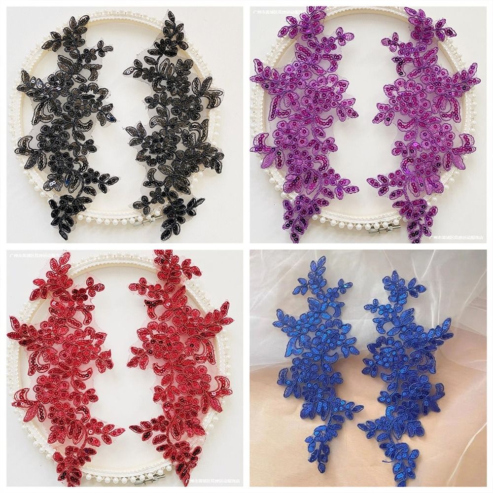 1Pair Elegant Polyester Fiber Embroidery Flower Patches Clothing Accessories Floral Patches Floral Applique DIY Handmade Lace Patch Embroidery Flower Sequins Wedding Dress