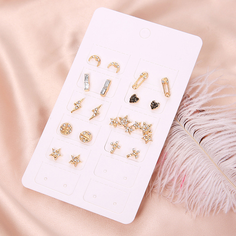 【Hongtai Store】9 Pair Small For Wo Mini Star Moon Geometric Crystal Earrings Set Korean Style Earings Fashion Jewelry Gifts
