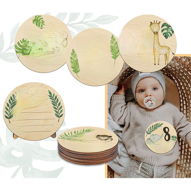 Wooden baby milestone commemorative wooden piece Welcome newborn photography props month round plaque