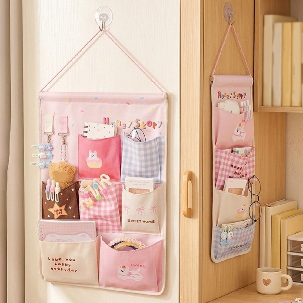 Cute 4/7 Pockets Wall Hanging Storage Bag Large Capacity Cotton Linen Cartoon Hanging Bag Decorative Space Saving Cosmetic Toys Organizer Dormitory