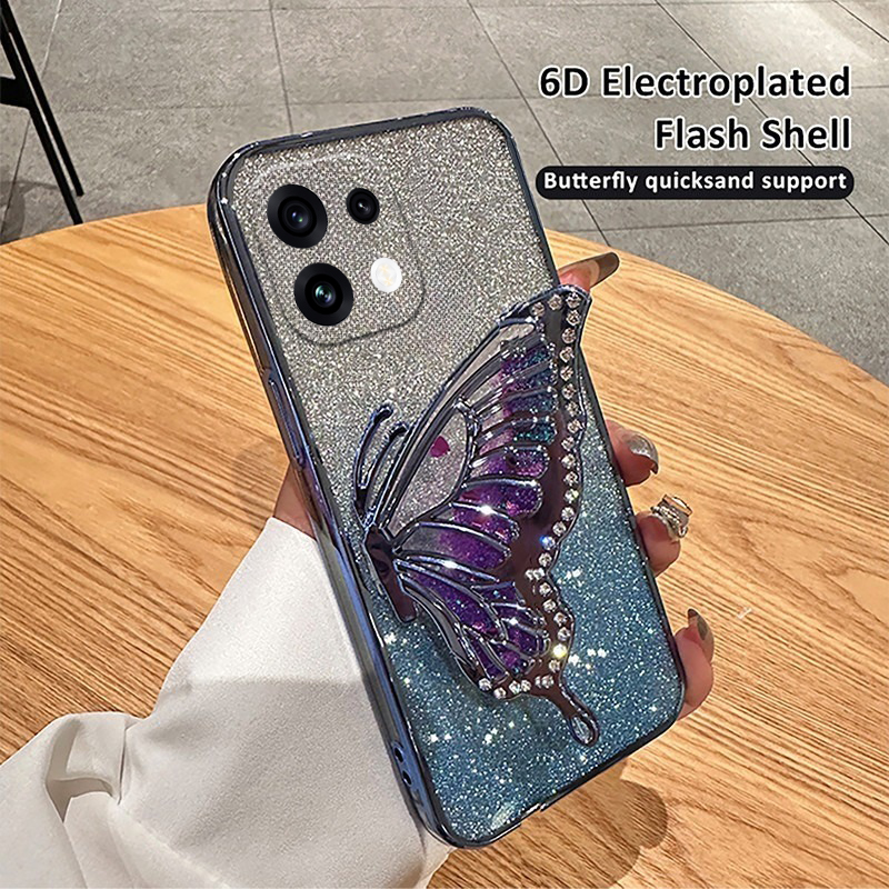 New Phone case OPPO Reno 16 Back cover Diamonds butterfly holder shiny hourglass of quicksand transparent soft silicone For OPPO Reno 16 Pro case