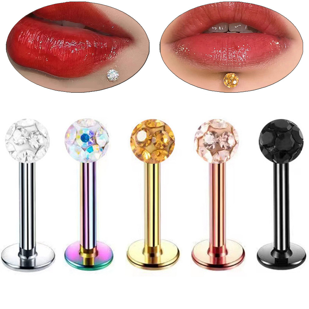 【Top Picks】Soft clay full diamond ball lip nails T-shaped flat bottom earrings lip nails stainless steel piercing jewelry
