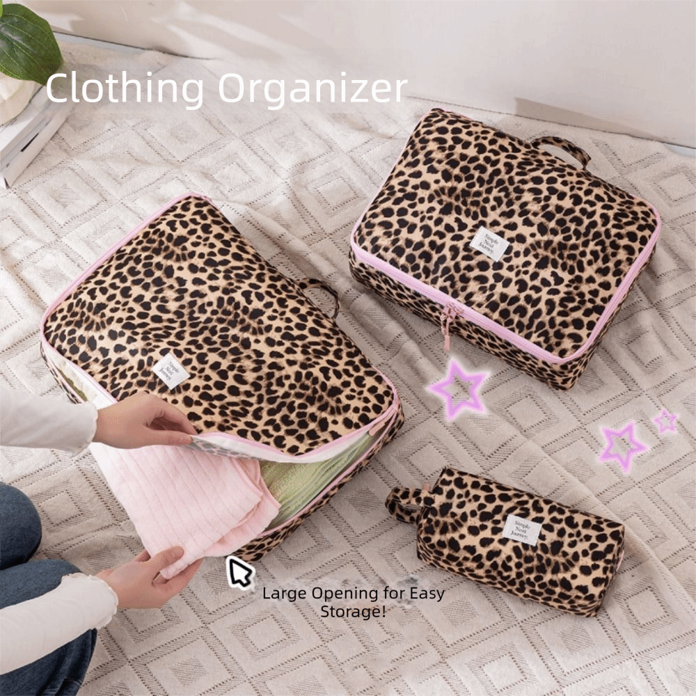 4Pcs/set Portable Large Capacity Leopard Print Storage Bag Waterproof Zipper Closure Clothing Storage Bag Space Saving Foldable Cosmetic Organizer Business Trip