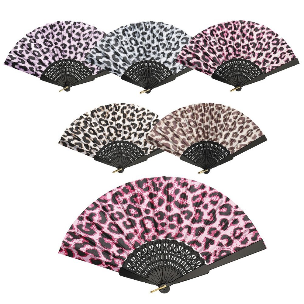 Portable PP Folding Fan Leopard Print Black Pole Portable Fan Cloth Handheld Performance Fan Festival Party