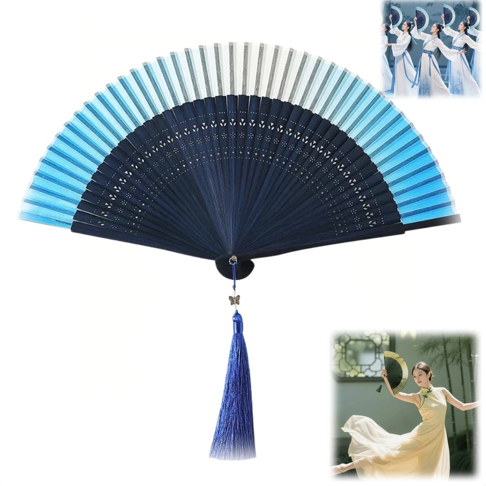 Vintage Gradient Color Chinese Style Folding Fan Handmade Easy To Open and Close Tassel Dance Fan Portable Classic Bamboo Folding Fan Perform Props