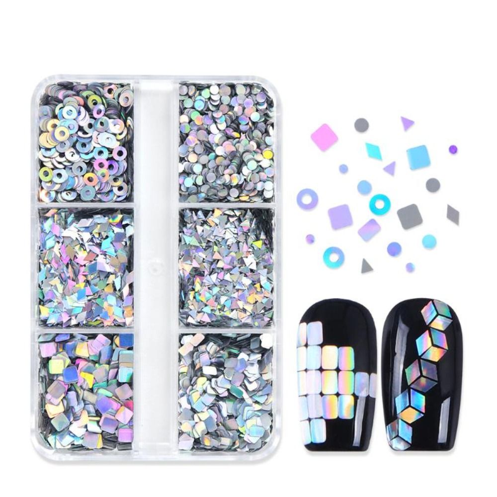 Creative 6 Grids Nail Enhancement Laser Glitter Geometric Patterns DIY Manicure Tools Nail Art Sequins Nail Decoration Nail Charms For DIY Nails