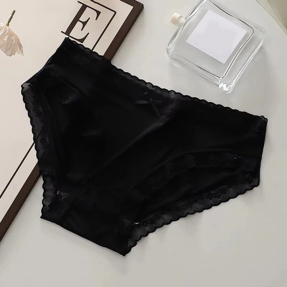 Stretchy Seamless Ice Silk Panties Cotton Crotch Mid Waist Lace Bow Briefs Female Lingerie Underwear Women's Summer Panties Daily