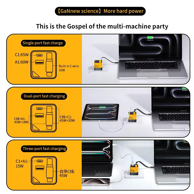 65W GaN Charging Head USB-C Fast Charger With Built-in 80CM Type C Cable Suitable For Smart Phone Laptop CF8