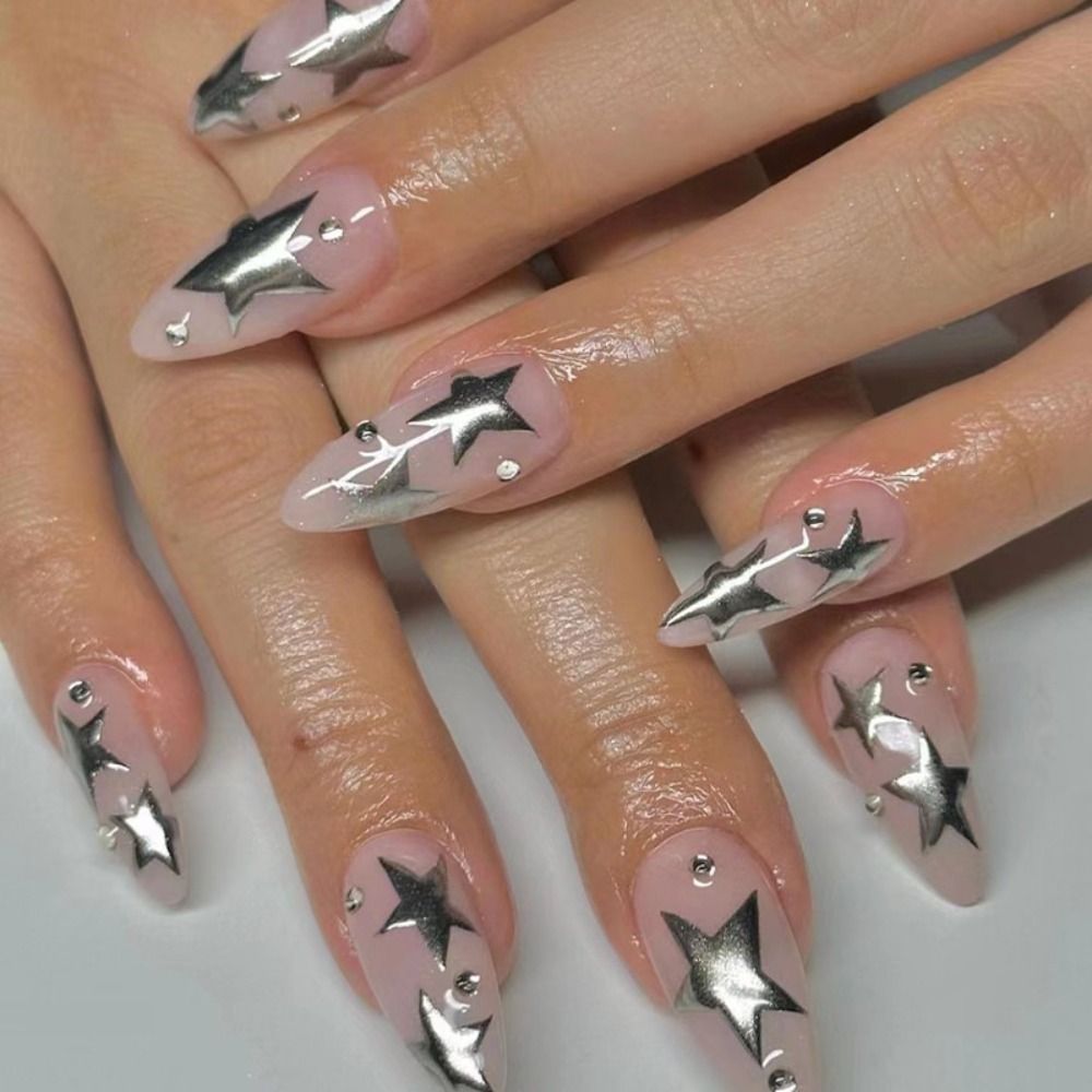 24pcs Detachable Diy Fake Nials Star False Nails Short Almond French