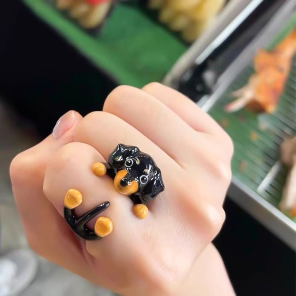 Cute Alloy Cartoon Dachshund Ring Dripping Oil Jewelry Accessories Elephant Ring Adjustable Funny Finger Buckle Couple