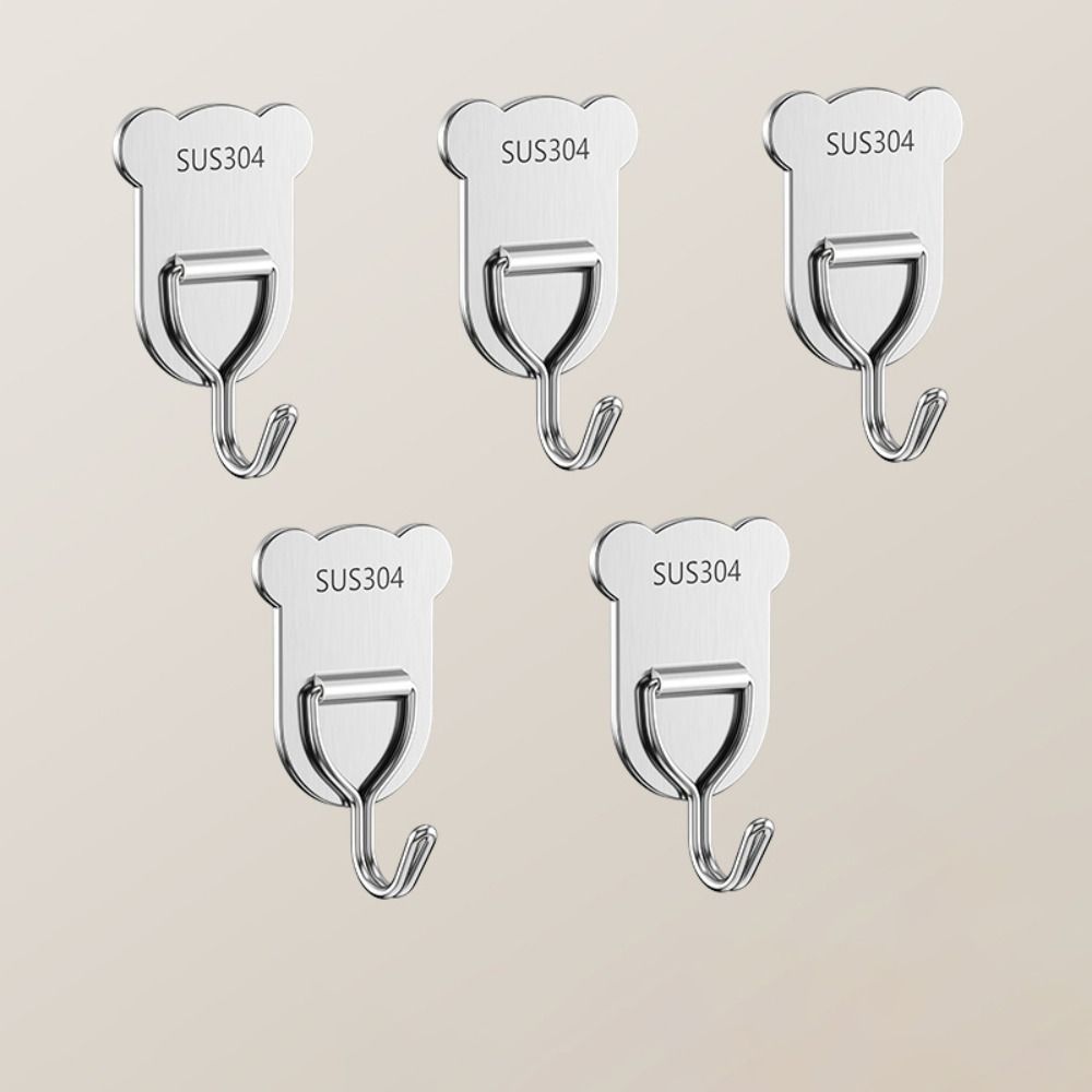 5pcs Light Strong Bearing Capacity Stainless Steel Hook Strong and Durable Moisture-proof Perforation-free Metal Hook Waterproof Not Damaging The Wall Bear Shaped Hook Door
