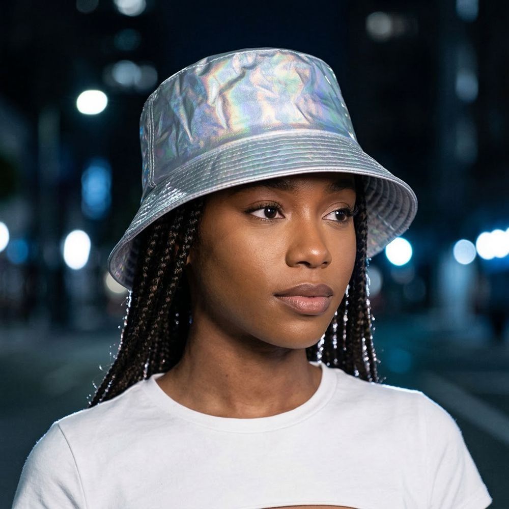 High Quality Luminous Bucket Hat Single Sided Solid Color Laser Rainbow Fisherman Hat Wide Brim Shiny Sun Cap Sunshade