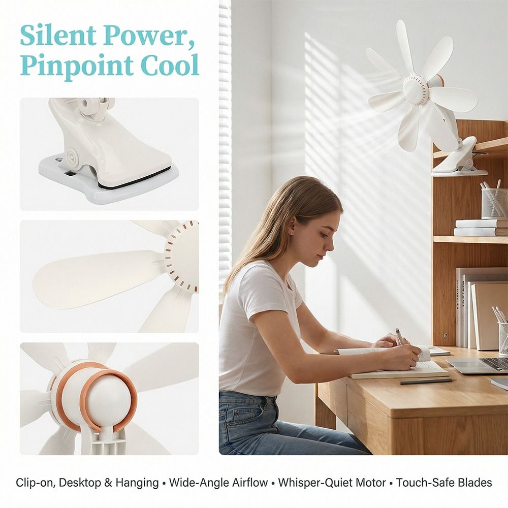 Small Strong Wind Portable Clip Fan Powerful Airflow Clip Fan Mini Quiet Fan Seven Leaves Quiet Operation Small Personal Fan Office