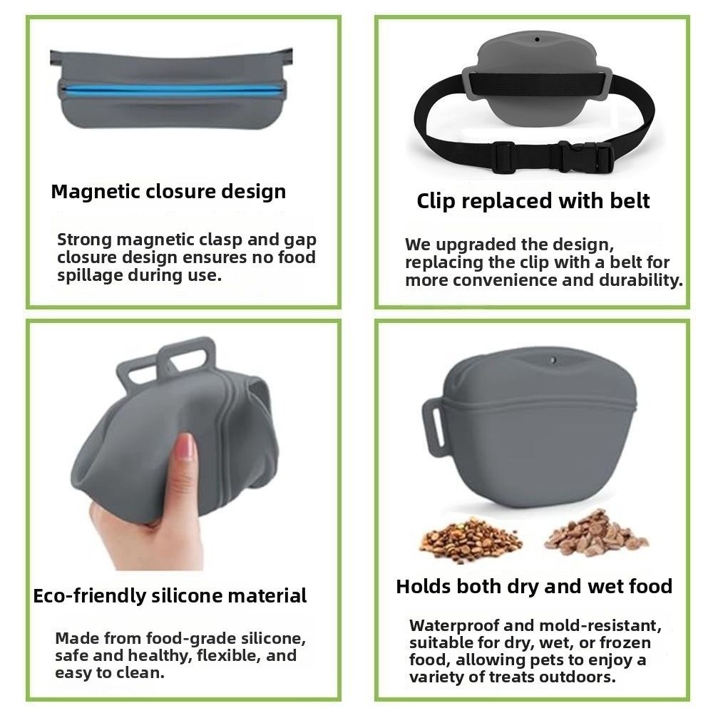 Easy To Clean Portable Dog Treat Bag Silicone Magnetic Closure Pet Outdoor Feeder Bag Waterproof Adjustable Dog Training Waist Bag Pet Walking
