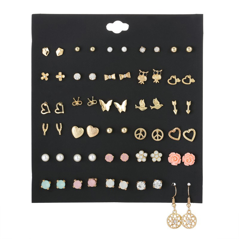 【Hongtai Store】30 Pairs Vintage Small Stud Earrings Sets For Wo Girls Metal Owl Heart Crystal Earings Brincos Lot Zinc Bulk
