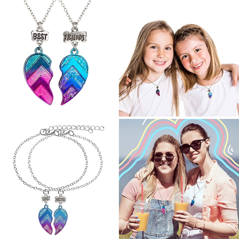 Yuanyan 2pcs/4 pcs BFF Necklaces Bracelets, Half Heart Matching Pendant Best Friends Fashion Chain Friendship Jewelry Set for Girl Lady