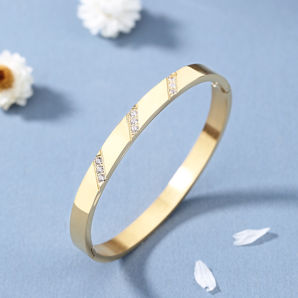 【Fresh Three-row Diamond Stainless Steel Bracelet Diamond-encrusted Bracelet Korean Style Luxury Style Valentine's Day Gift Accessories for