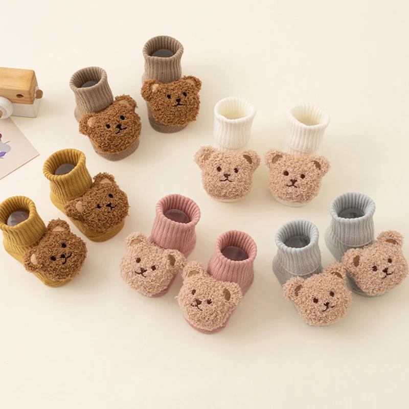 Wenefang Fashion Cute Cartoon Bear Baby Socks for Boy Girl Winter Soft Cotton Anti Slip Soled Newborn Toddler Sock Kids Thicken Socken Warm Socks