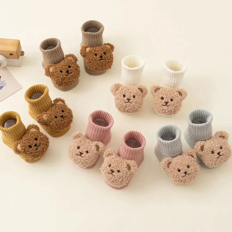 Wenefang Fashion Cute Cartoon Bear Baby Socks for Boy Girl Winter Soft Cotton Anti Slip Soled Newborn Toddler Sock Kids Thicken Socken Warm Socks