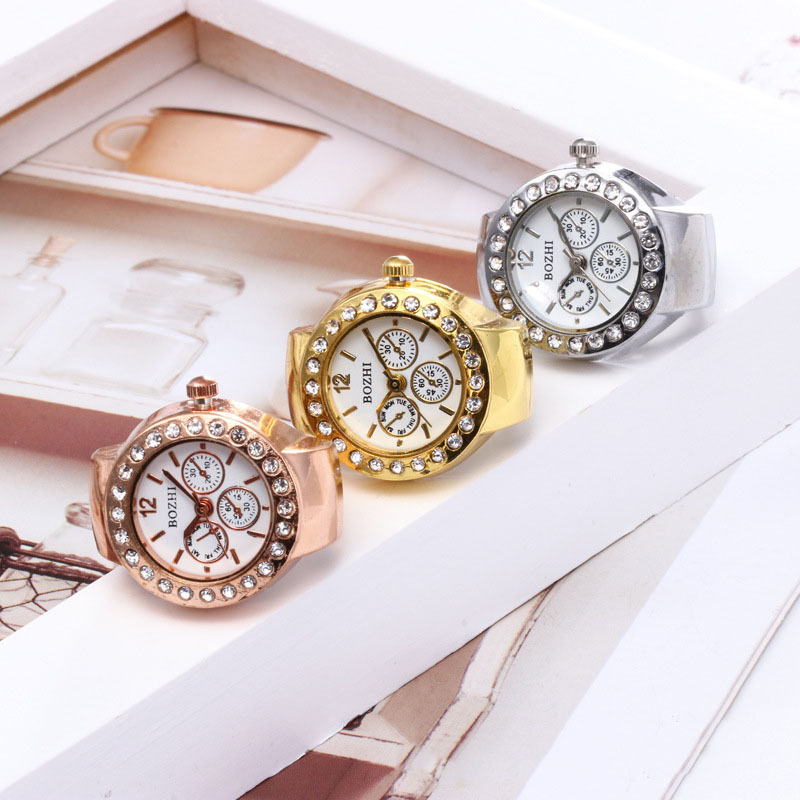 【Popular】New Retro Gold Mini Finger Watch Ring for Women - Creative Diamond-Embedded Rose Gold Trending Product