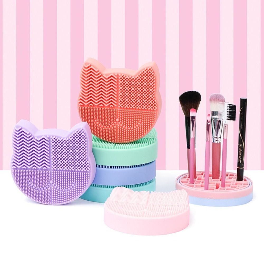 Reusable Silicone Makeup Brush Cleaning Box 2 in Multifunction Make Up Tool Scrubber Box Cat Head Shaped Two-sided Washing Brush Pad for Women