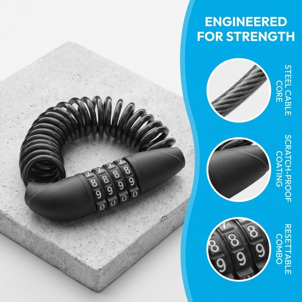 Bike Accessories 4-Digit Combination Password Wire Lock Stretchable Safety Anti-Theft Lock Flexible Durable Helmet Lock Motorcycles
