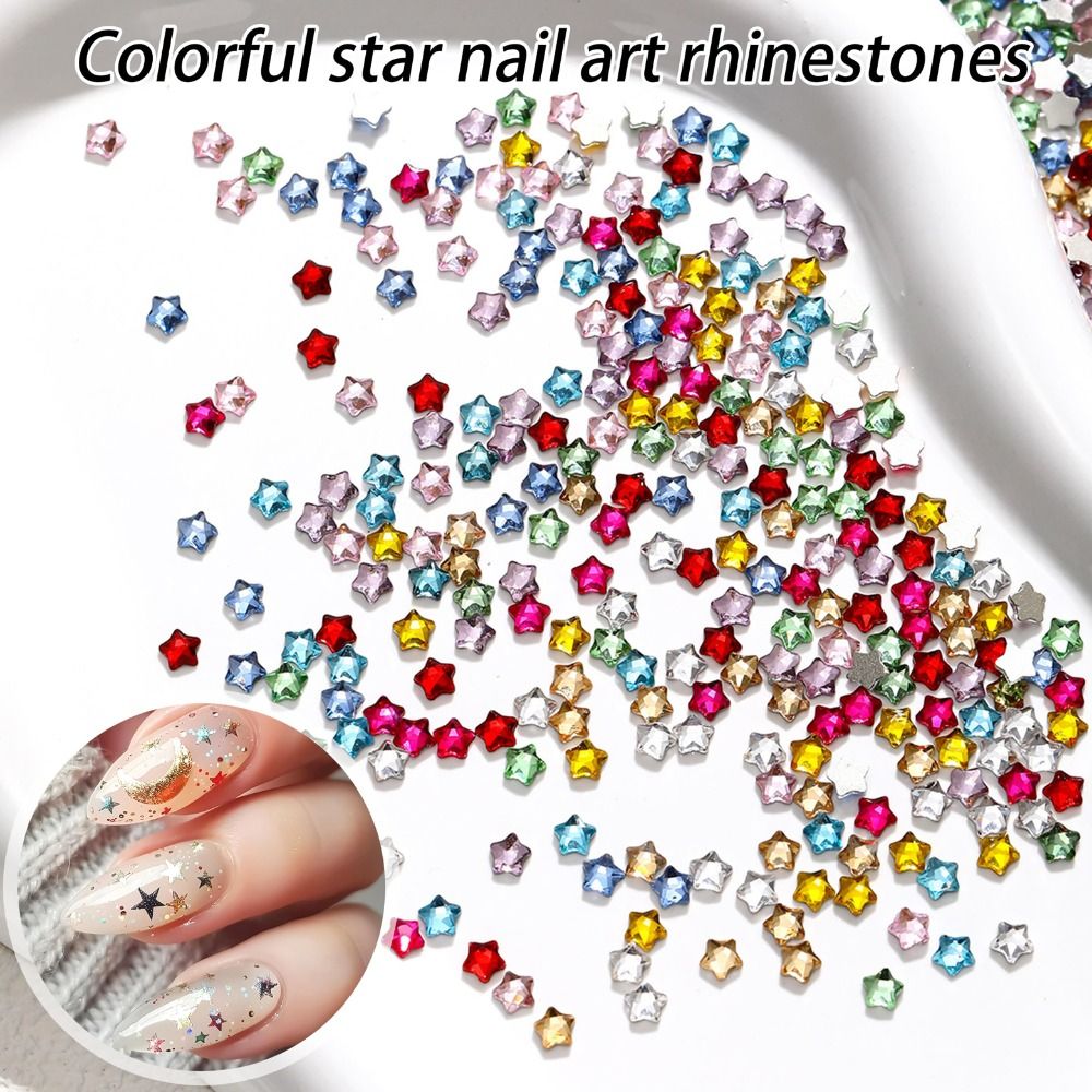 50PCS Cute Charms 3D Nail Art Rhinestones Sparkle Colorful Pointed Bottom Shiny Zircon Rhinestones 3mm Mini Star Faceted Nail Diamonds Manicure Decorations