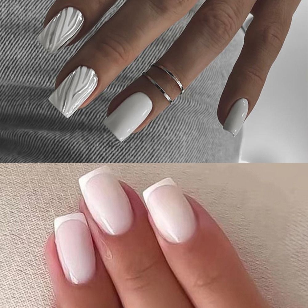 24pcs Manicure Diy Fake Nials False Nails French Short Almond White Edge