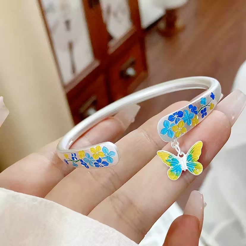 【Top Picks】Enamel Colorful Flower Butterfly Bracelet Female Ethnic Style Light Luxury Small New Chinese Style Literary Style Open Solid Bracelet