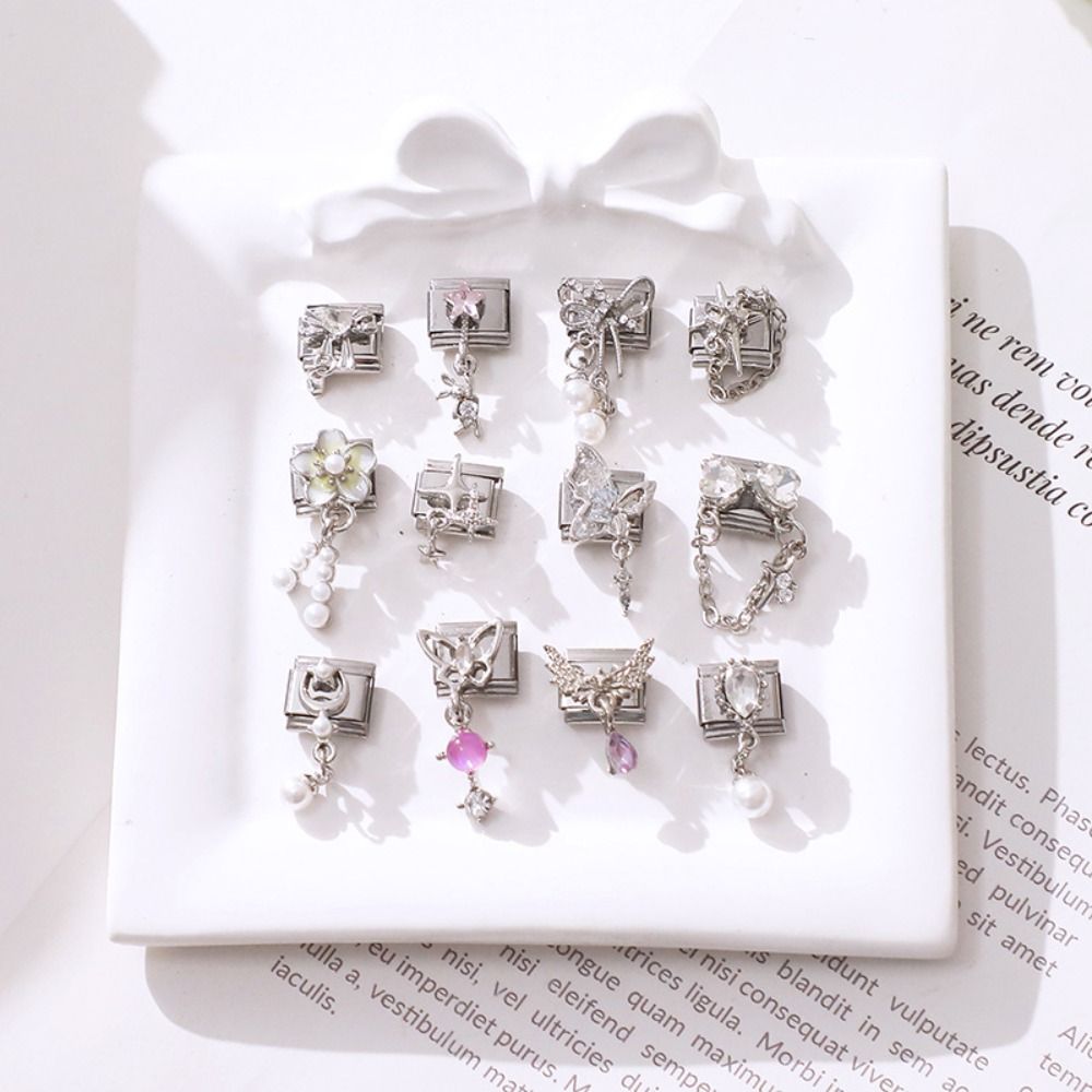 Fashion Pink Bow Charm Bracelet Butterfly Charm Flower Charm Zircon Bracelet 9mm Bead Stainless Steel Bracelet Gift