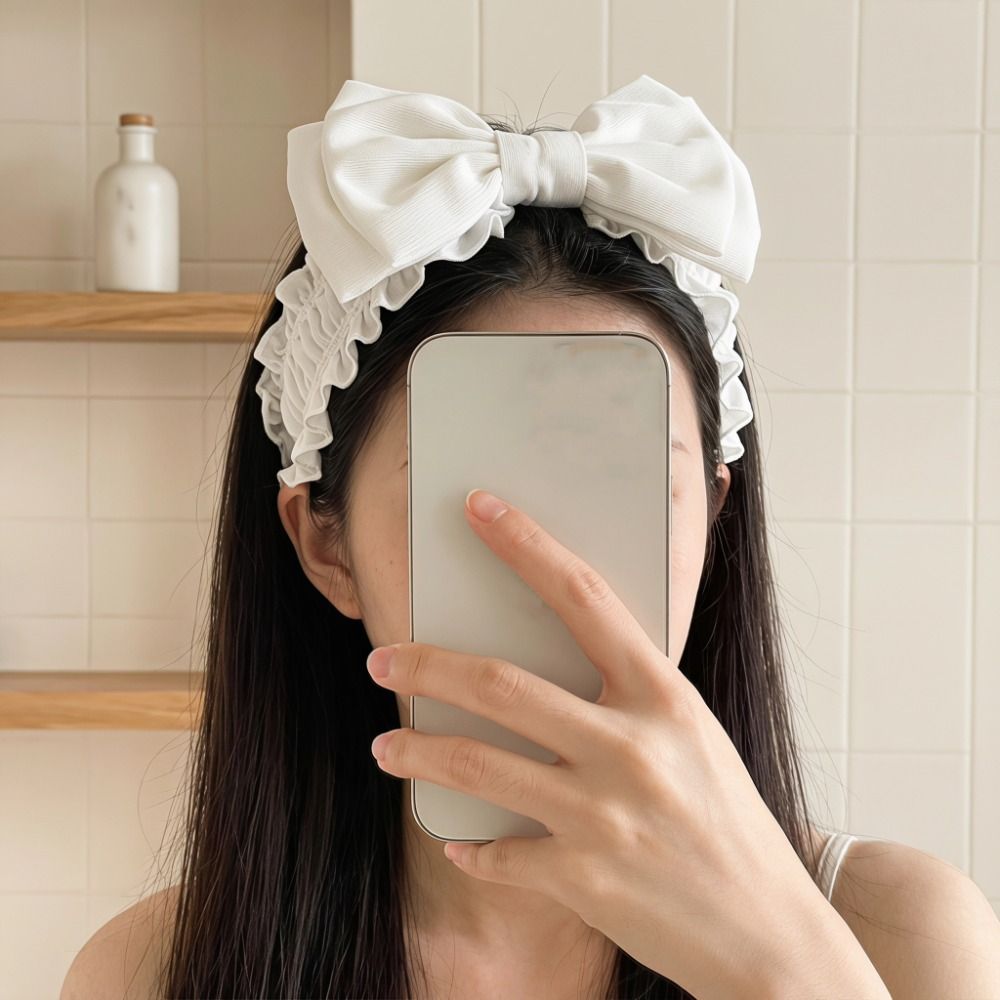 Elastic Wash Face Bow Headband Makeup Lace Washing Face Hairband Solid Color Double-layered Face Washing Tools Lady