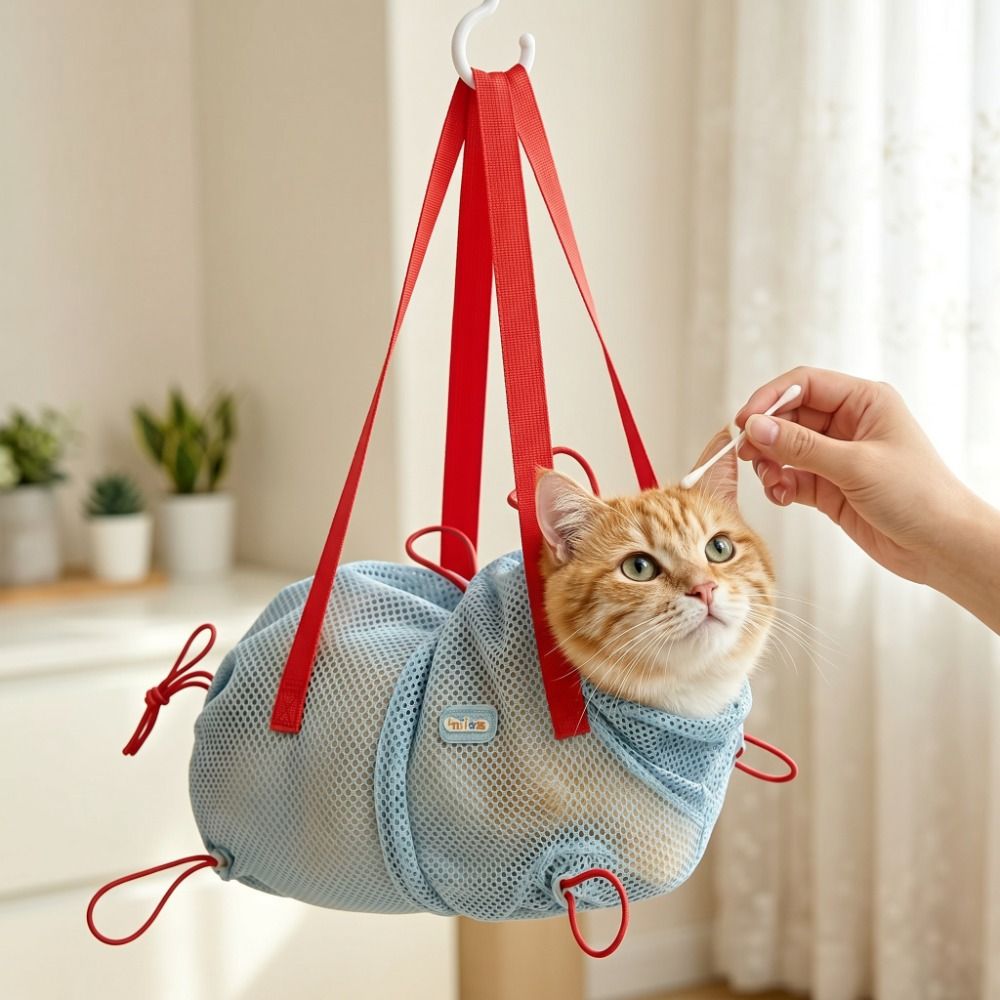 Portable Breathable Mesh Cat Bathing Bag Hanging Adjustable Cat Grooming Bag Quick Drying High Elasticity Anti Scratch Cat Bag Vet Visit