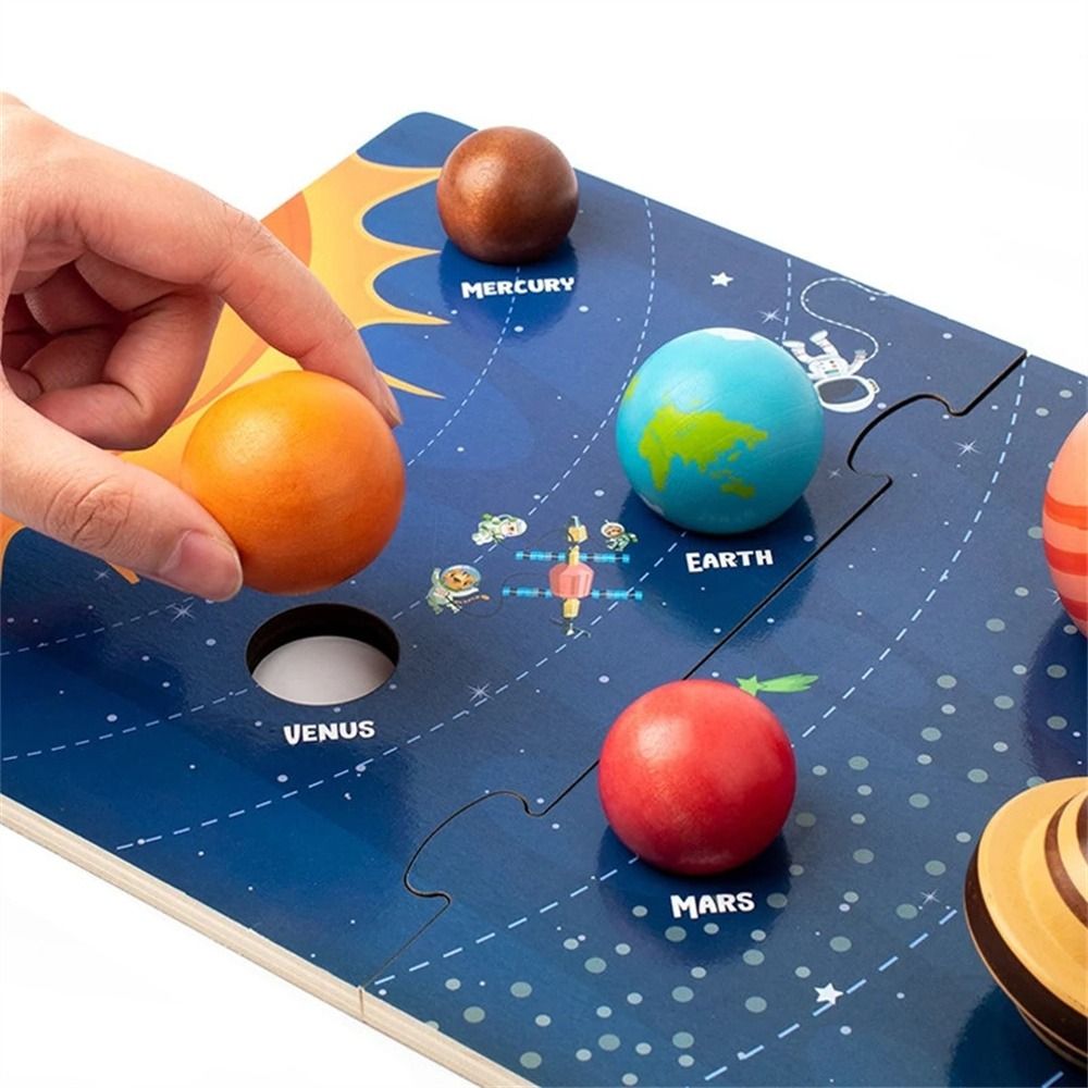 Toddlers Baby 3D Wooden Solar System Puzzle Toy Eight Planets Early Education Planets Matching Board Smooth-edges Solar System Model Planet Board Toy Kids Gifts