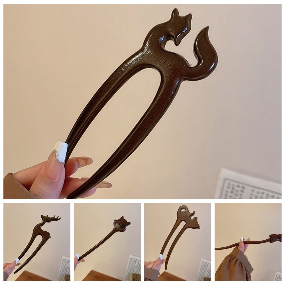 Antique Wood Wooden Hair Stick Cat Butterfly Chinese Style Hairpin Rabbit Hair Sticks for Long Hair Hanfu Headwear Girls