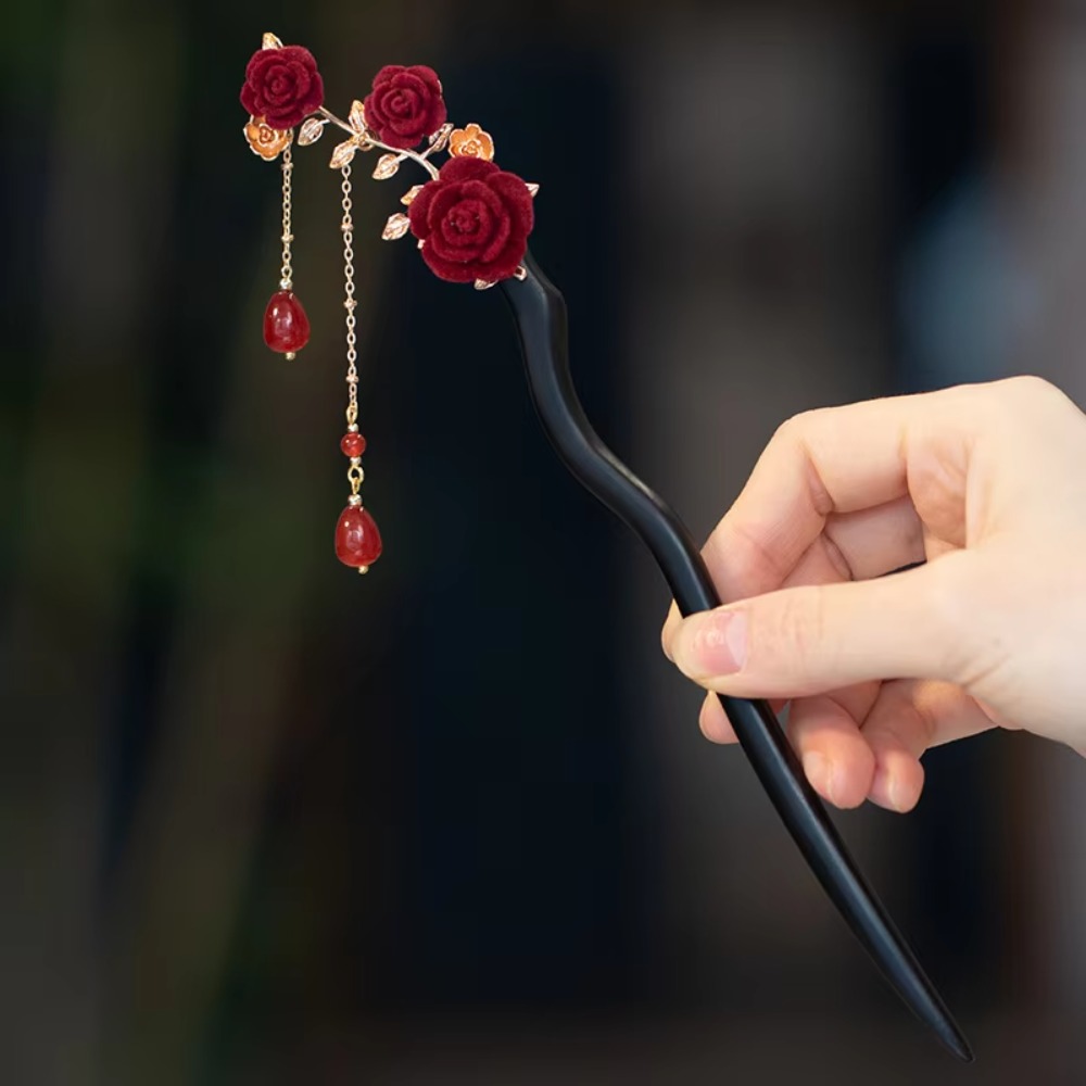 Hanfu Hair Sticks Red Rose Chinese Hair Stick Retro Handmade Vintage Hairpin Wooden with Tassel Flower Hair Forks Wedding