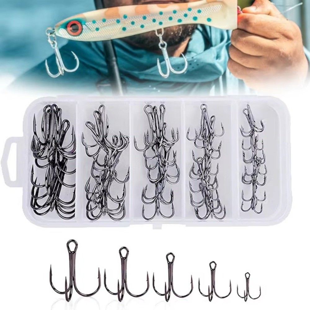 50Pcs/Box Fishing Tackle Hard Bait Treble Fishing Hook Barbed Triple Fishing Hook Prevent Fish Escaping Multiple Sizes Three Claw Fishhook Fishing