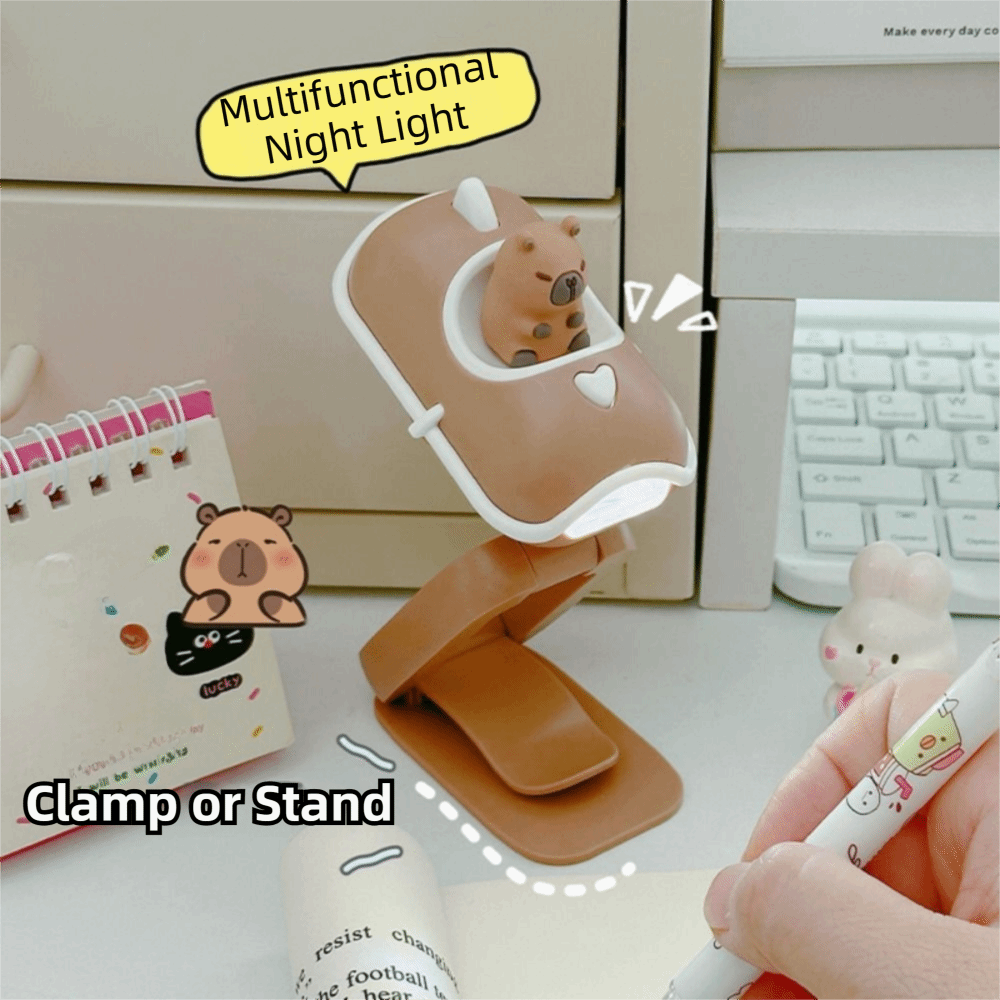 Practical Cartoon Capibara Reading Light Adjustable Battery Powered Mini Capibara Folding Desktop Lamp Warm Bright Portable LED Clamp Lamp Night Reading