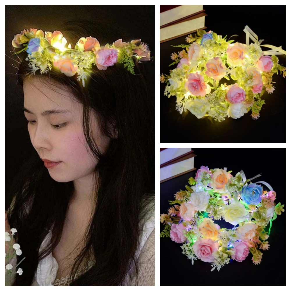 Headwear Simulation Rose Flower Flower Crown Hairband Glowing Hair Hoop Wreath Headband Luminous Flora LED Light Garland Live House