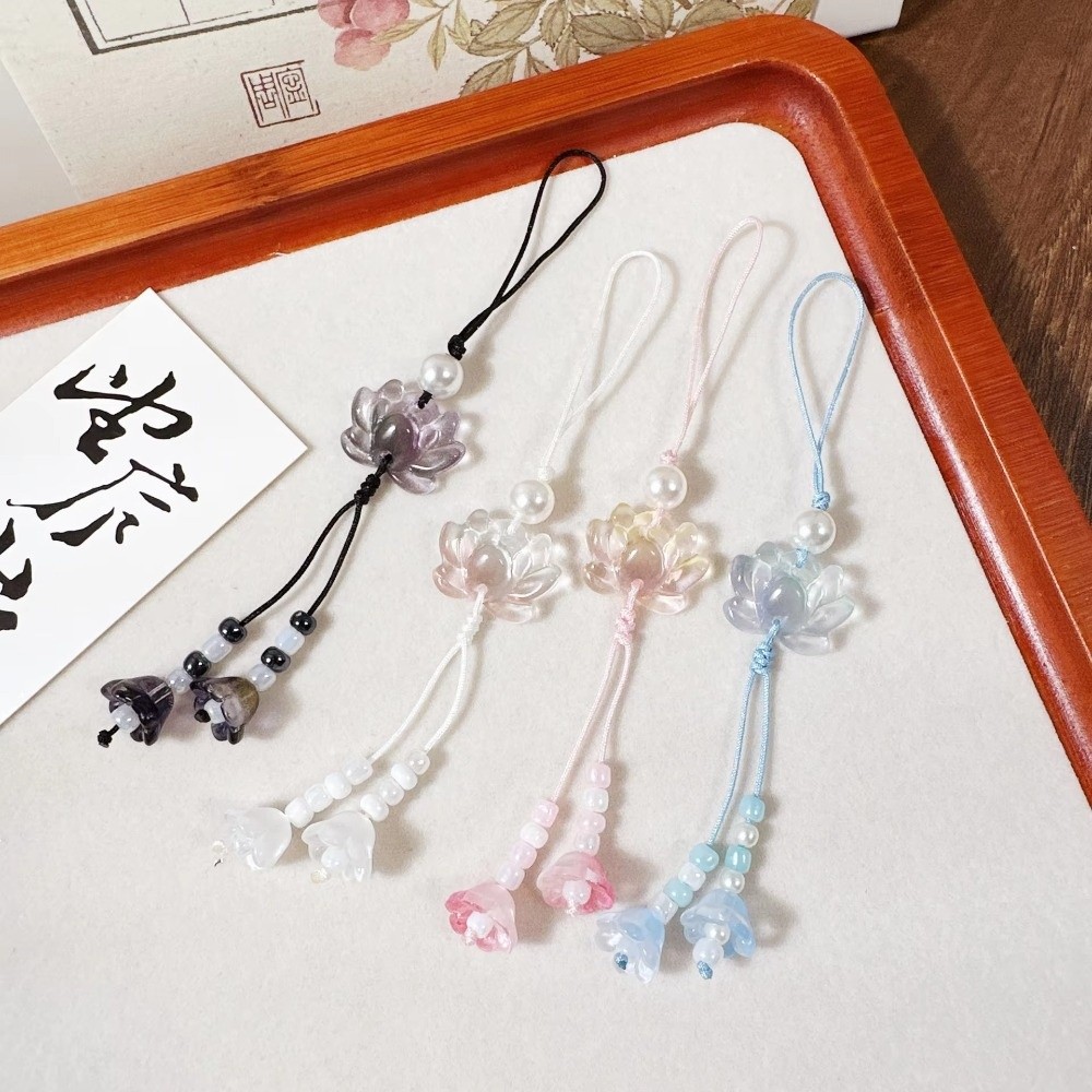New Chinese-style Beaded Lotus Pendant Handmade Vintage Keychains Camera Chain for Women Men