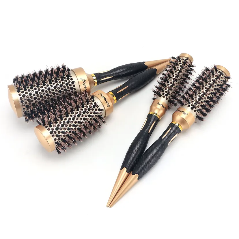 Wenefang Fashion BARBERTOP Round Comb Curly Hair Rollers Brush Boar Bristle Round Barrel Hair Curling Brush Barber Hairbrush 2024