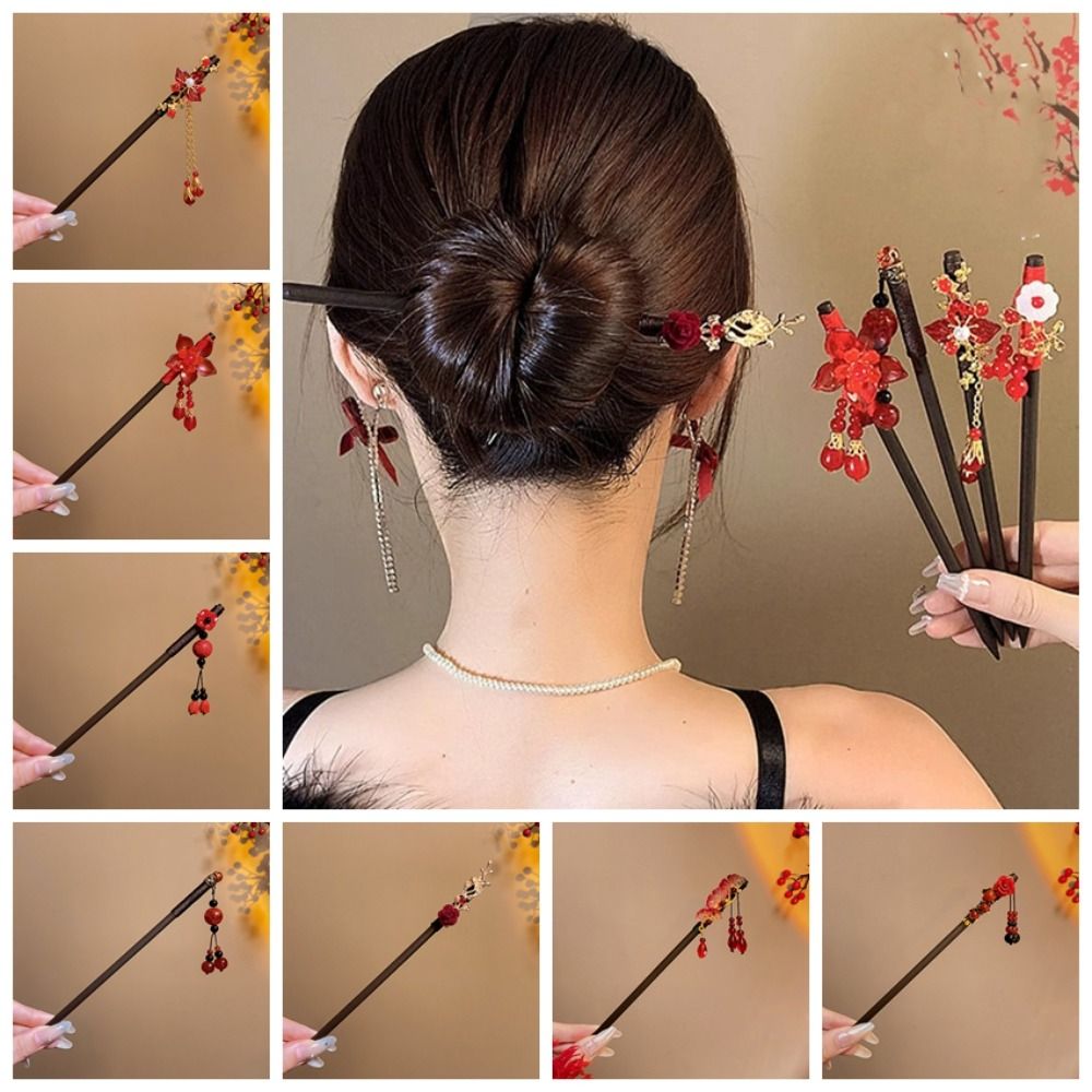 Retro Flower Wooden Hair Stick Tassel Red Hanfu Hairpin Hair Fork New Year For Girl