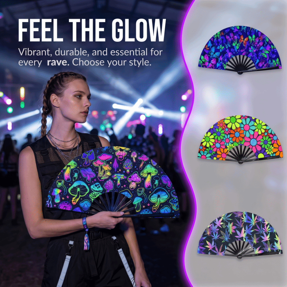 Chinese Style 33cm Rave Hand Fan UV Glow Fluorescent Large Folding Hand Fan Gradient Colorful Holographic Portable Handheld Fan Club