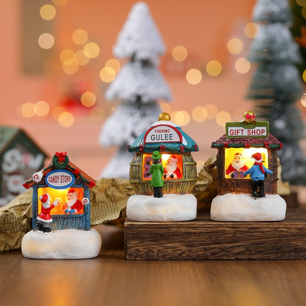 Village Night Lights Christmas Small House Lamp Resin Santa House Miniatures Gift Store Thermo gulee Christmas Microlandscape Ornament Kid Gift