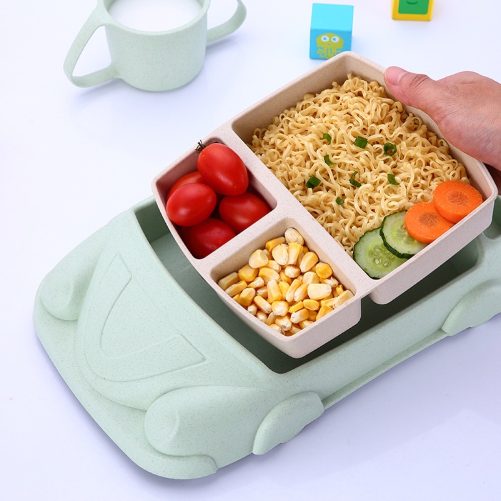 Tableware Set Compartment Car Shaped Dinner Plate with Cup Bamboo Fiber Children's Lunch Plate Detachable Feeding Food Tray Kindergarten